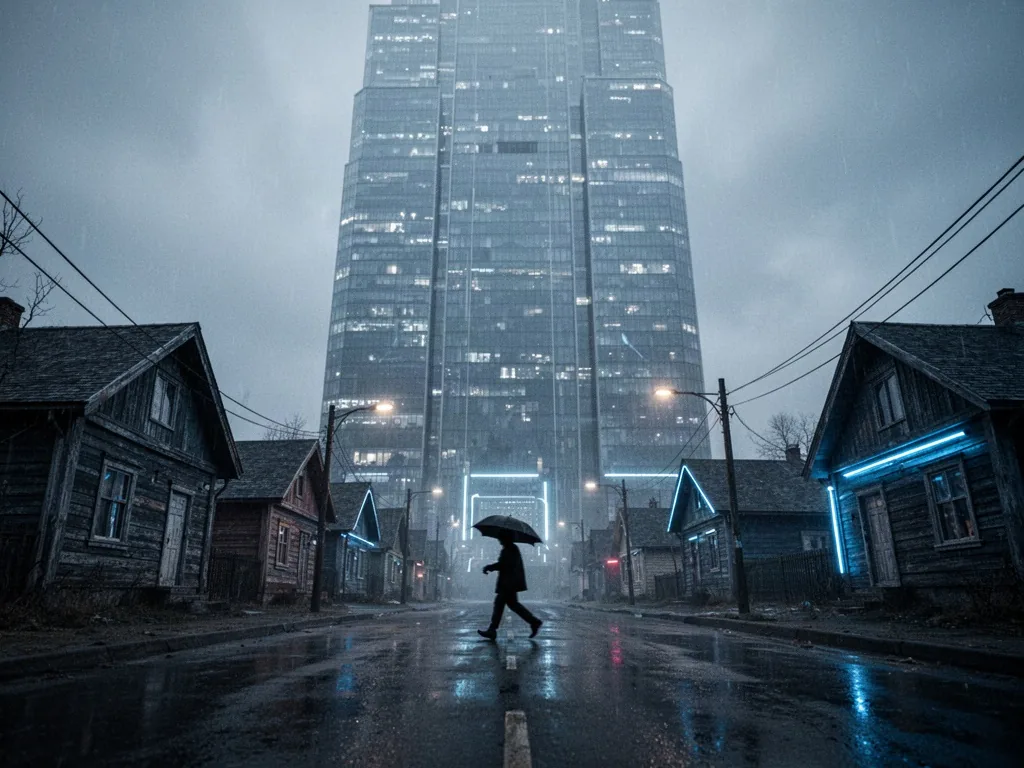 A massive corporate glass skyscraper looming over small wooden houses, low-angle view from a wet empty street, grey over