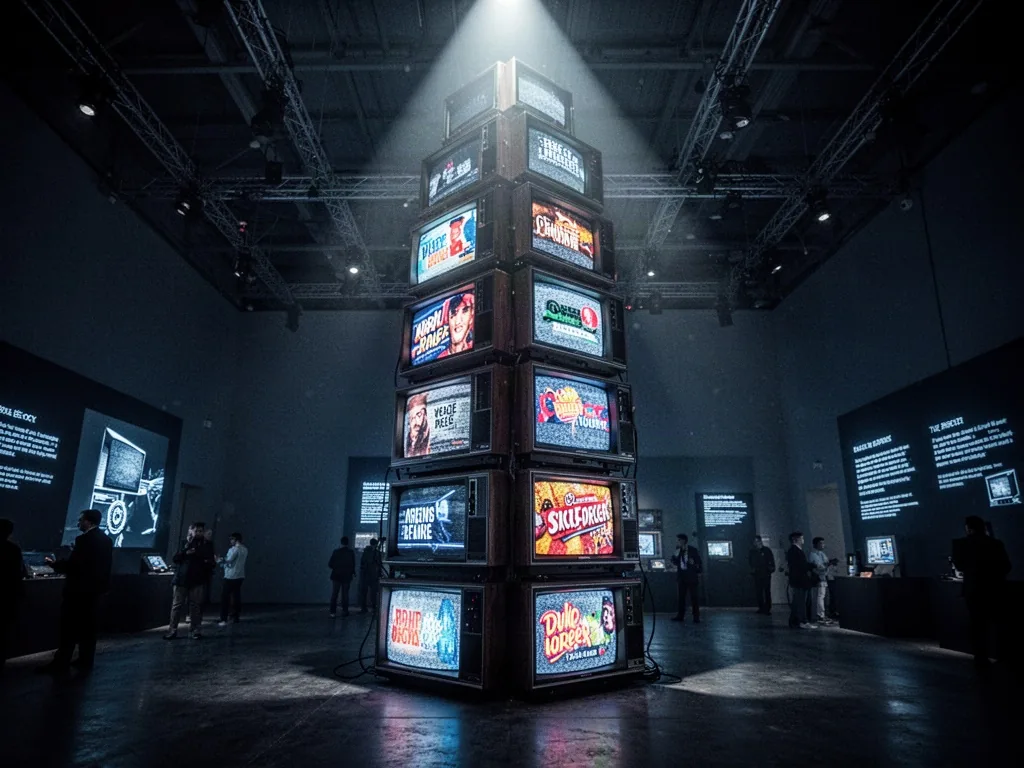 A towering pillar built of stacked vintage television sets, each screen glowing with bright colorful advertisements, dar
