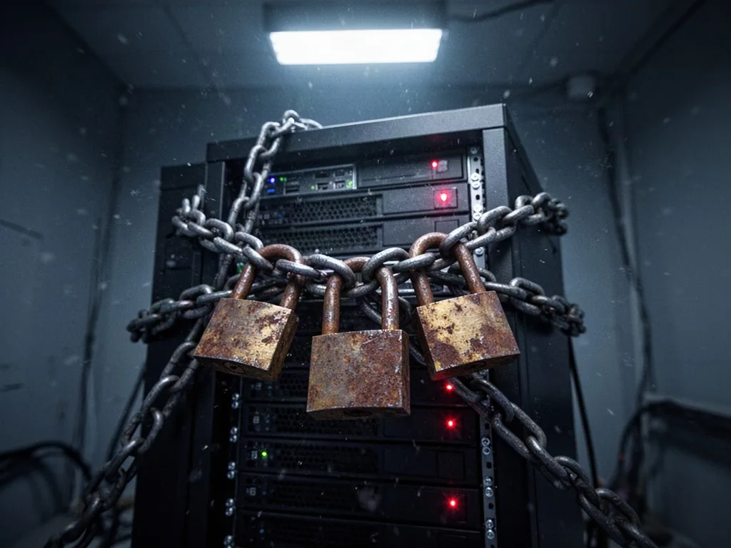 Three rusty padlocks hanging on a heavy chain wrapped around a black server tower, dim room, single overhead light, dust