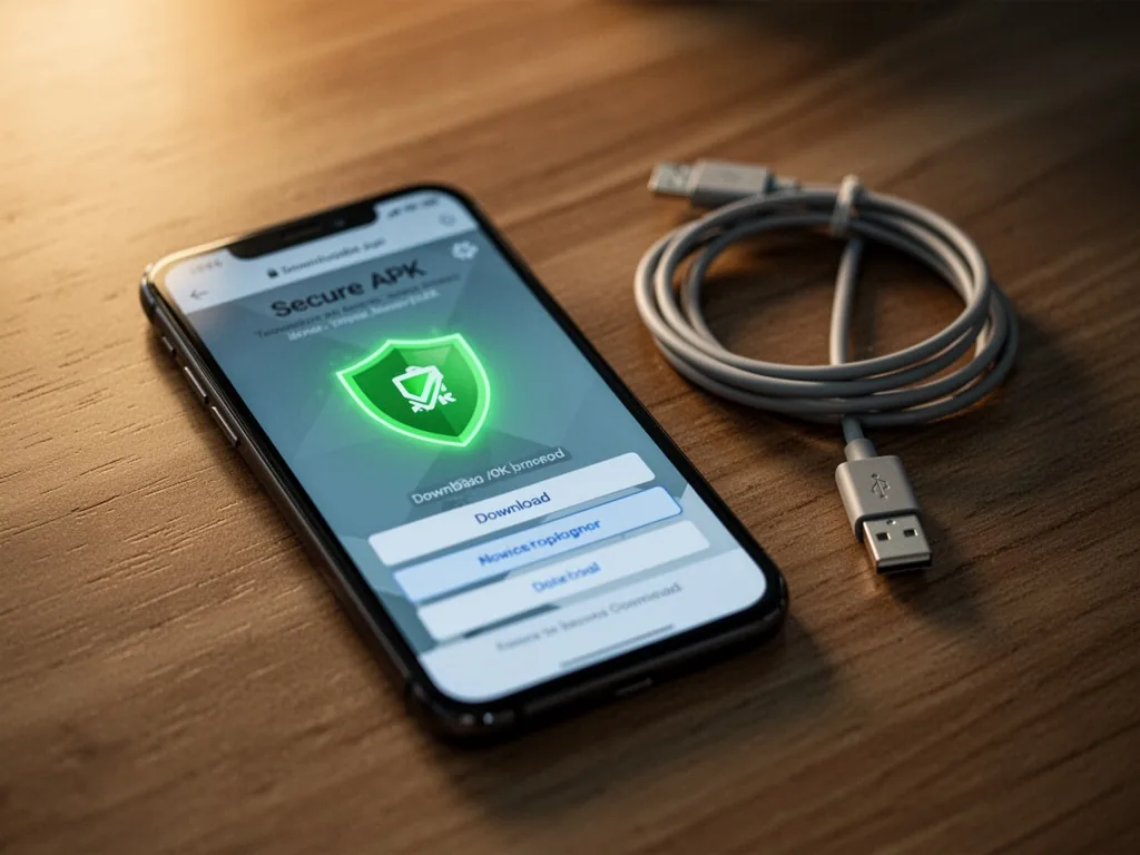 A smartphone screen showing a secure APK download page with a glowing green shield badge, placed on a wooden table next 