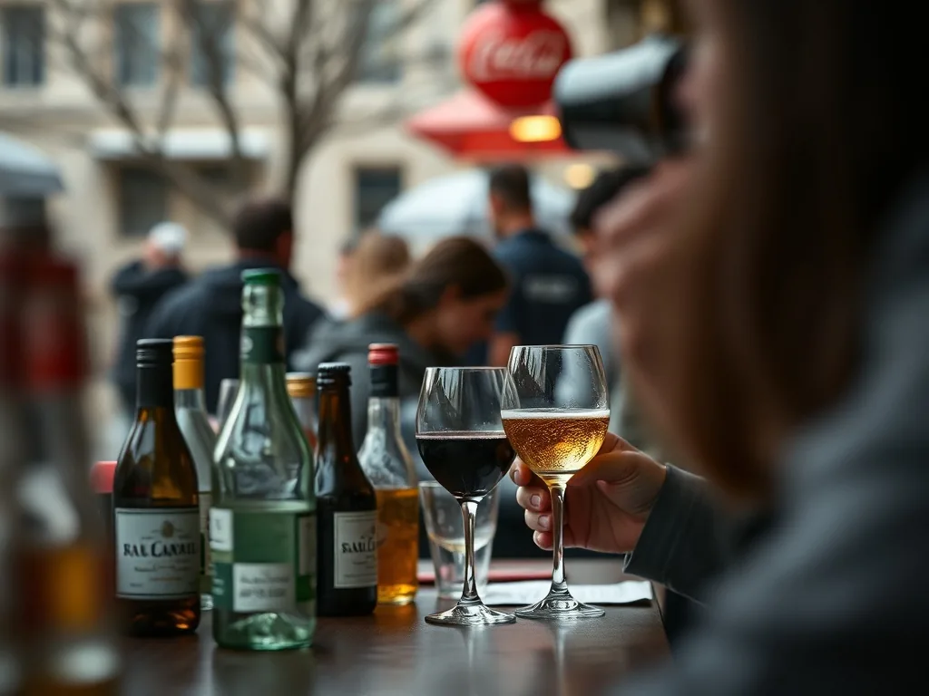 Un verre renversé laisse une flaque sur un comptoir, à l'arrière-plan des jeunes discutent en terrasse