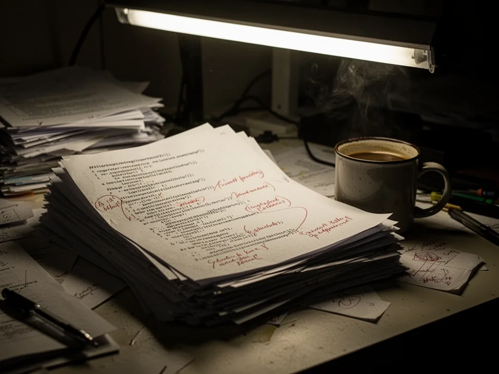 A stack of printed code pages with red ink annotations and a coffee mug, on a cluttered desk under harsh fluorescent lig
