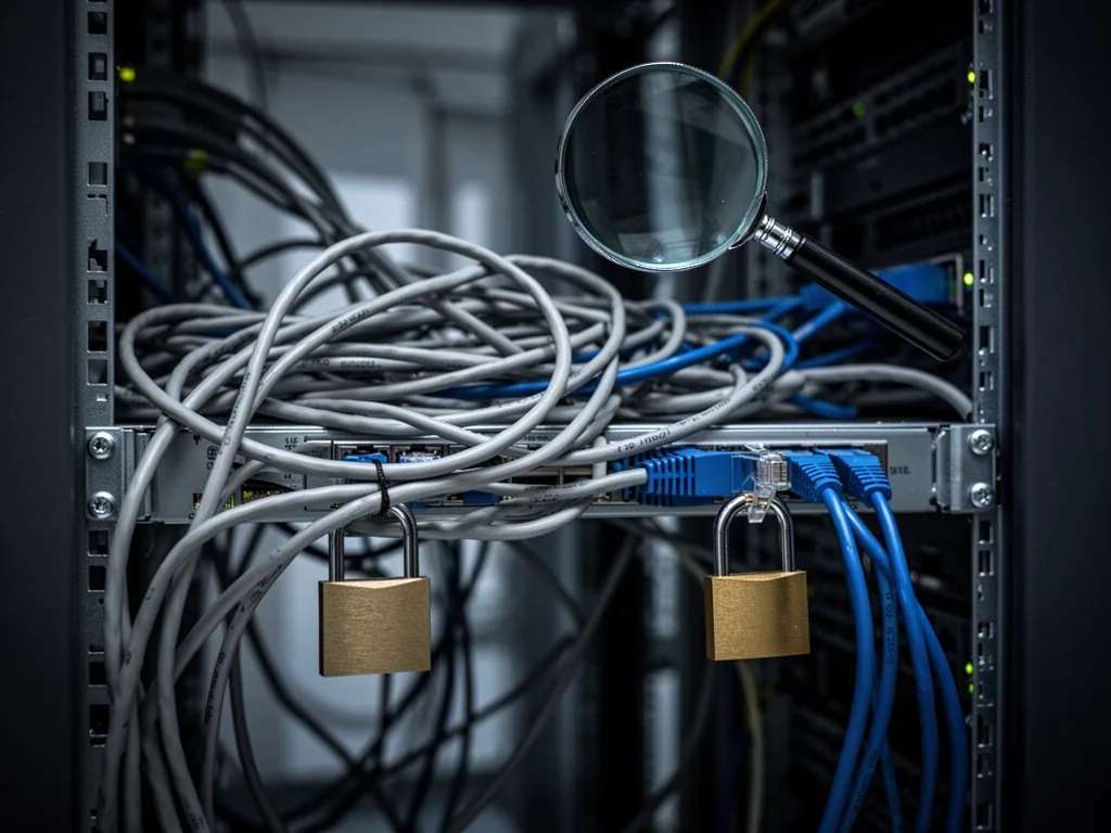 A tangled mess of grey and blue network cables with a small padlock hanging from an Ethernet port, a magnifying glass ho