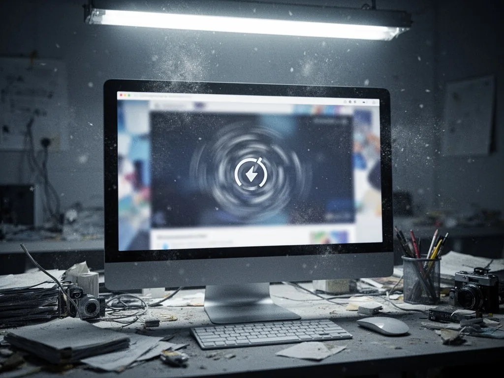 A desktop computer monitor on a messy desk shows a website with blurred outer edges and a spinning loading icon, dust pa