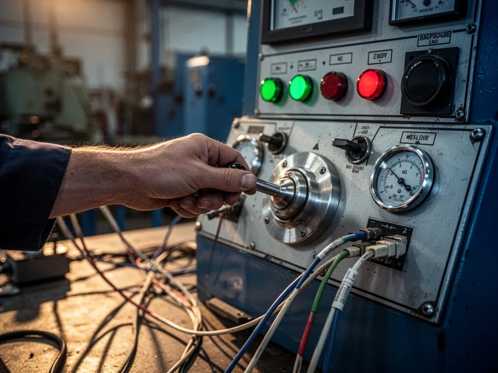 A hand gripping a metal control lever on an industrial panel with green and red indicator lights and dials, data cables 